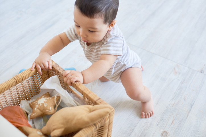 Bebê curioso explora o que tem dentro de uma caixa cheia de brinquedos e bichos de pelúcia.