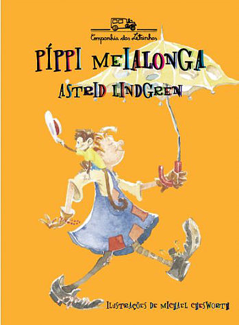 Capa do livro "Píppi Meialonga", de Astrid Lindgren. Num fundo amarelo, uma menina e um macaco, que está em seu ombro, caminham debaixo de um guarda-chuva