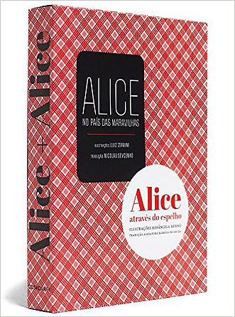 Capa do livro "Alice no país das maravilhas"/"Alice através do espelho", de Lewis Carroll. Um padrão em losangos vermelhos e brancos, com os títulos escritos sobre um retângulo preto e um círculo branco.