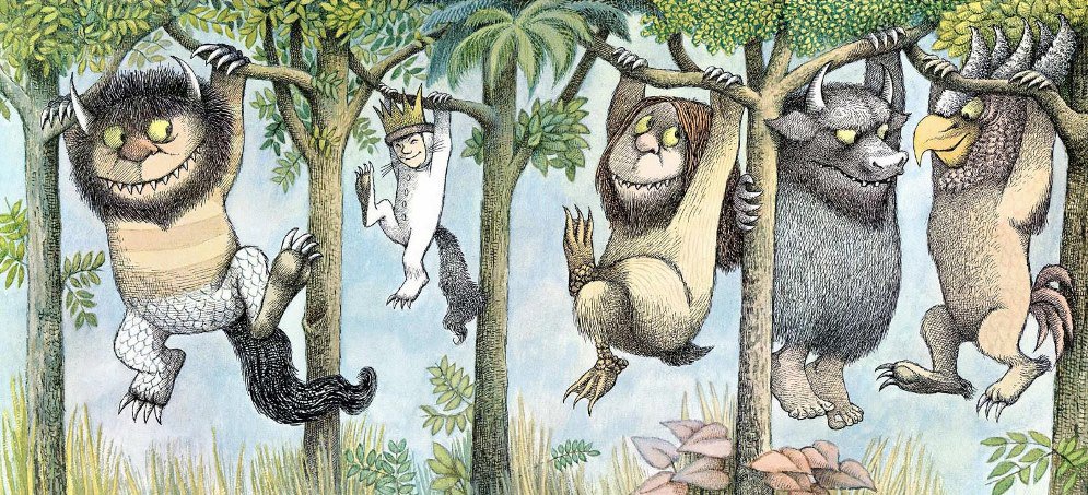 Livros infantis sobre natureza: ilustração de animais pendurados em troncos de árvore.