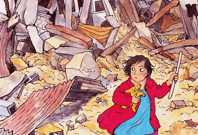 Uma ilustração em quadrinhos mostra uma criança segurando um urso de pelúcia correndo em um ambiente devastado pela guerra, repleto de destroços e casas destelhadas.