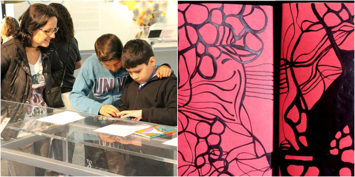Crianças exploram a exposição ao lado da artista Mozileide Neri.