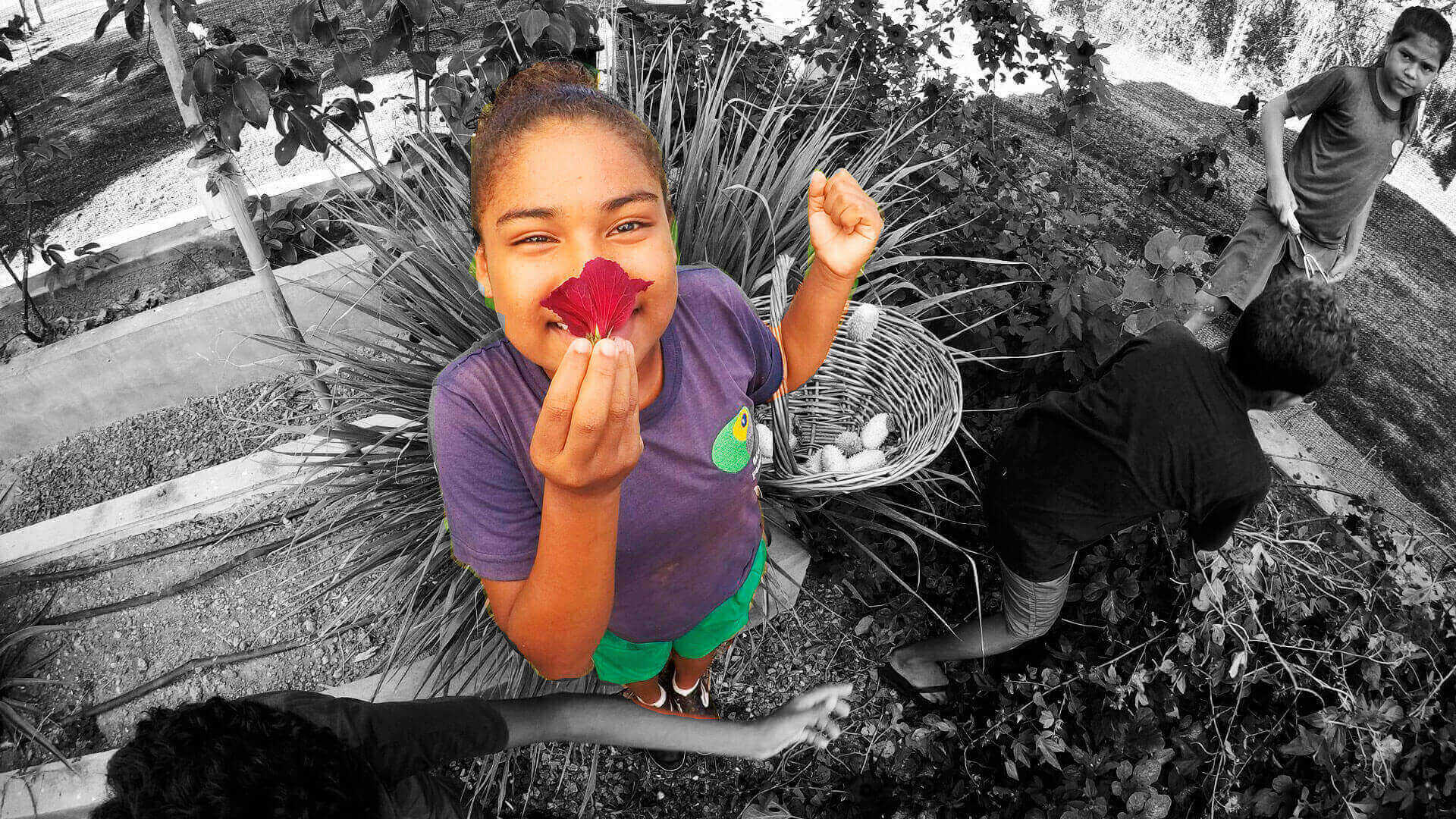 Menina negra olha para a foto segurando uma flor na frente do rosto. Ela segura uma cesta de vime no braço