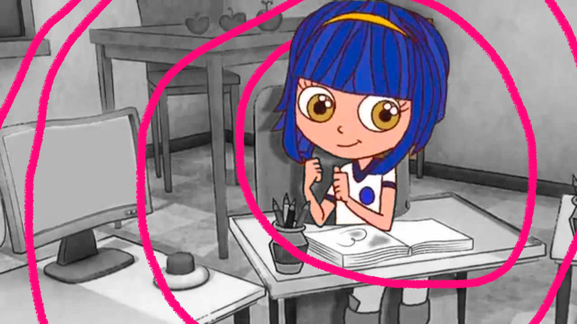 Por que, Heloísa? Desenho de uma menina, com o cabelo azul, em uma sala de aula