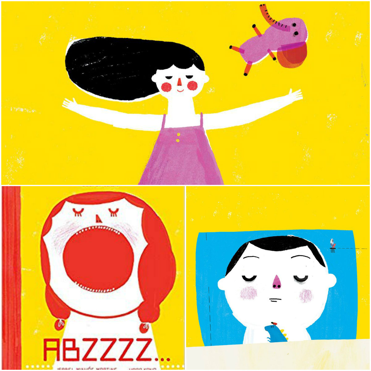 Ilustrações internas do livro "ABZZZZ..." mostram crianças dormindo e bocejando em um fundo amarelo.