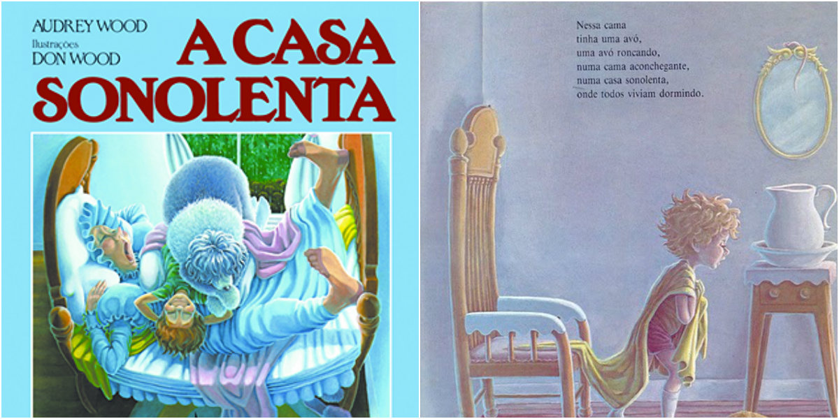 Capa e ilustração do livro "A Casa Sonolenta": a capa em fundo azul traz os personagens deitados em uma cama; na página interna, um menino aparece desolado em pé em frente a uma cadeira e outros objetos da sala