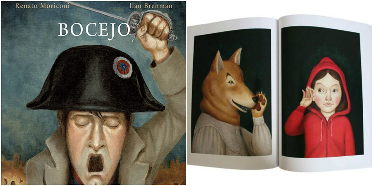 Capa e ilustração interna do livro "Bocejo": a capa é um soldado bocejando; na página dupla, lobo e chapéuzinho vermelho parecem fofocar (ele cochichando, ela com a mão no ouvido)