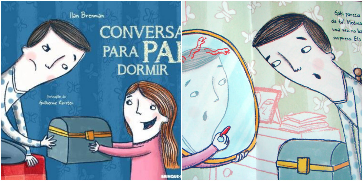 Capa e ilustração interna do livro "Conversa para pai dormir". Na capa, um baú está entre um adulto e uma menina. Na página interna, a criança desenha no espelho e mostra ao homem