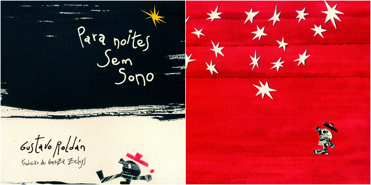 Capa e ilustração interna do livro ""Para noites sem sono", de Gustavo Roldán: à esquerda, a capa de um céu negro e uma única estrela, amarela; à direita, uma página do livro com o personagem imerso num fundo vermelho enquanto observa uma constelação 