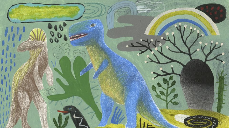 Livros infantis sobre dinossauros: ilustração de um dinossauro azul e verde, que está em uma cenário com vegetação.