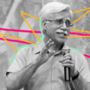 O educador José Pacheco em foto preto e branca com intervenções coloridas