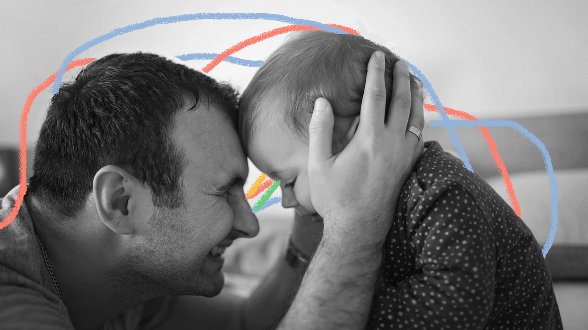 Livros sobre paternidade: Homem adulto segurando afetivamente a cabeça de um bebê. Os dois apertam os olhos, sorrindo e olhando um para o outro. A foto é preto e branca, com grafismos coloridos verdes, azuis e cor-de-rosa.