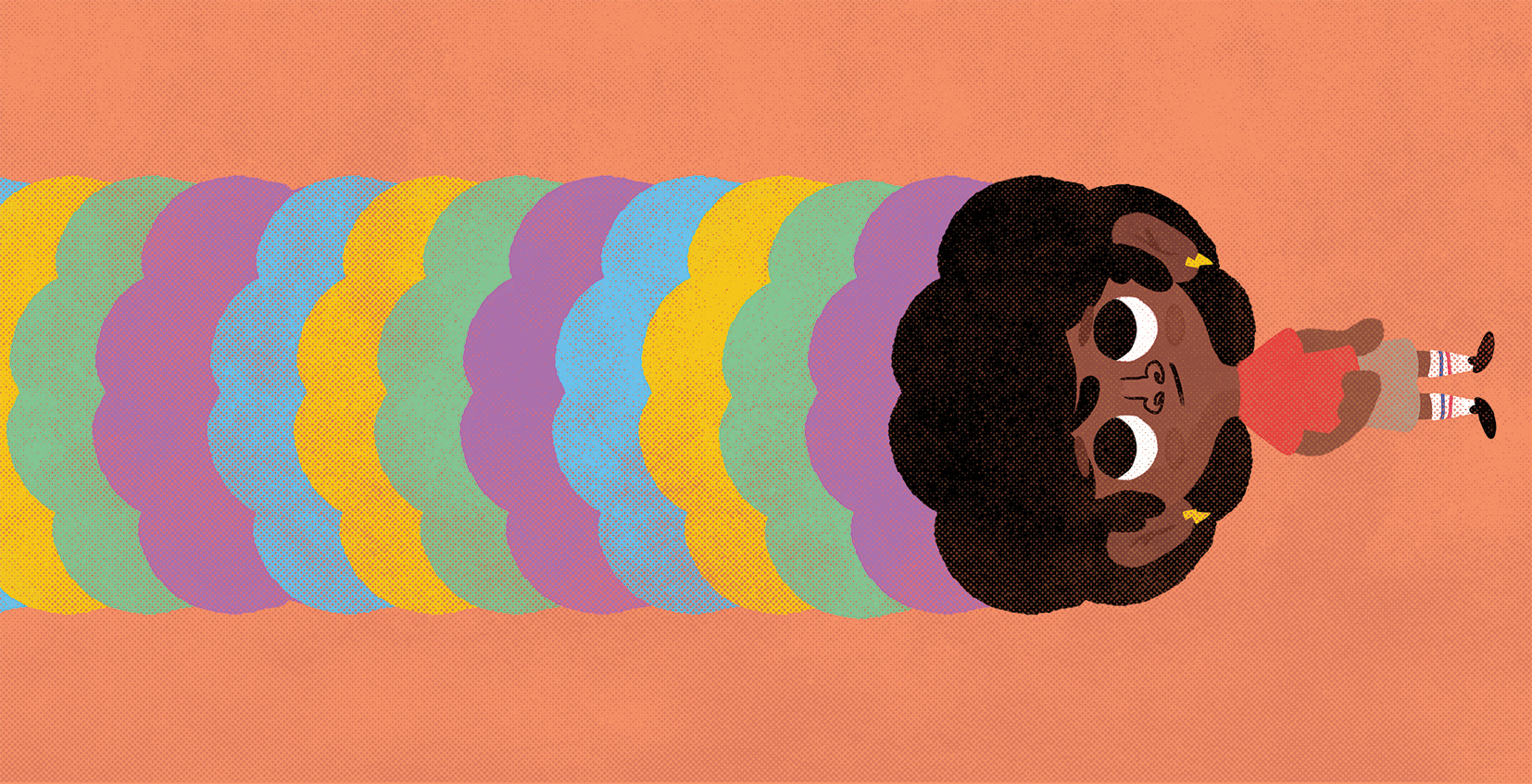 Ilustração de uma menina negra com um fundo colorido.