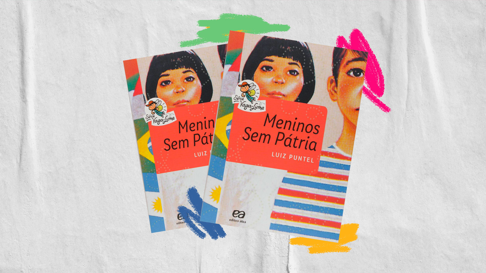 Capa do livro "Meninos sem pátria", sobre um fundo branco com grafismos coloridos amarelos, verdes, azuis e cor-de-rosas