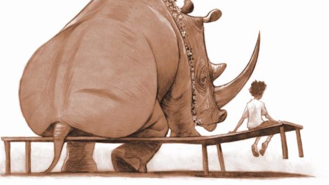 Ilustração de um rinoceronte sentado com uma criança ao seu lado