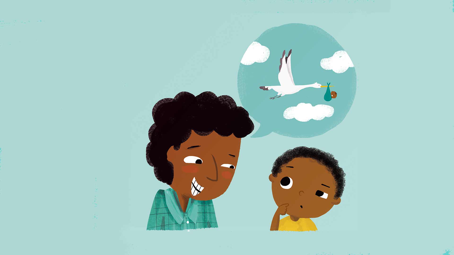 A Ilustração de pai e filho, ambos negros conversando. A ilustração também mostra a cegonha levando um bebê no bico