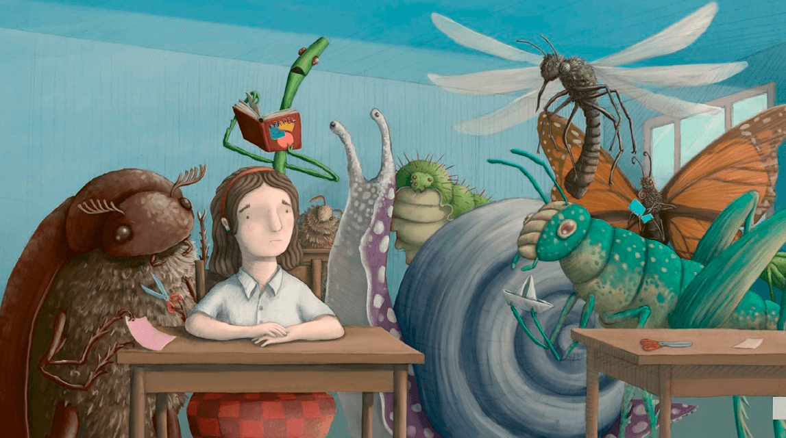 Ilustração de uma criança sentada em uma mesa com vários insetos, como barata, borboleta, grilos, lagarta