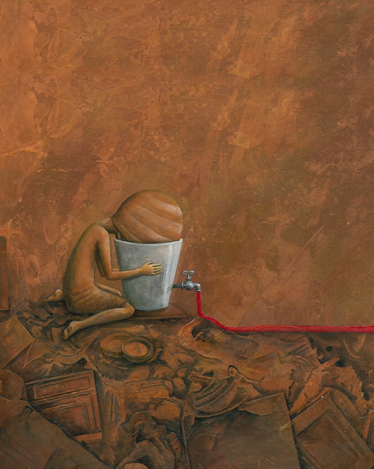 Ilustração interna do livro "Um dia, um rio", onde aparece a forma de um menino colocando a cabeça dentro de um balde onde sai um torneira com um fio vermelho