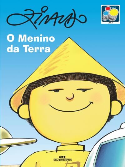 Capa do livro " O menino da terra", de Ziraldo, com a Ilustração de um menino com um chapéu chinês em amarelo