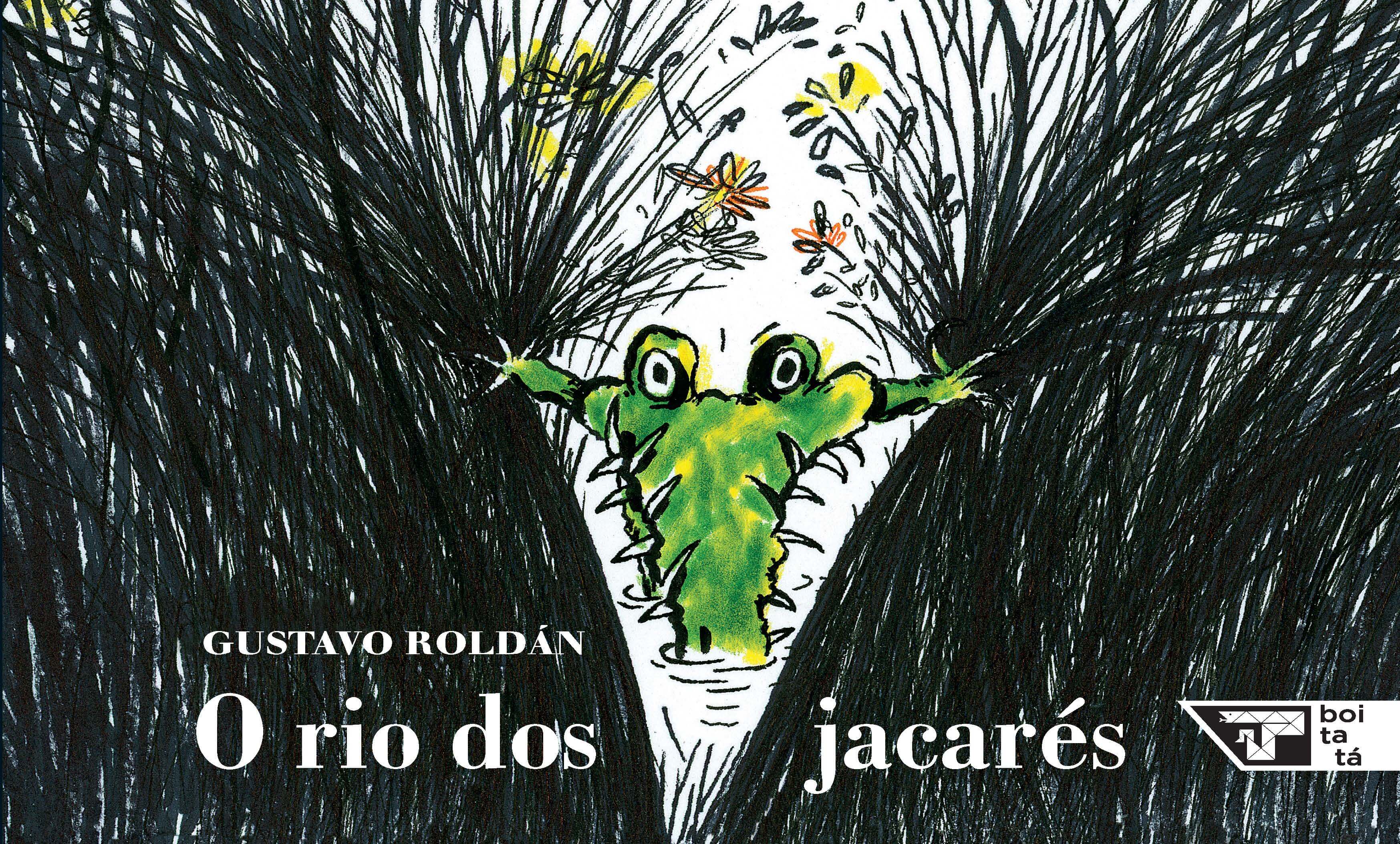Capa do livro "O rio dos jacarés", de Gustavo Roldan: um jacaré verde aparece abrindo caminho entre plantas aquáticas