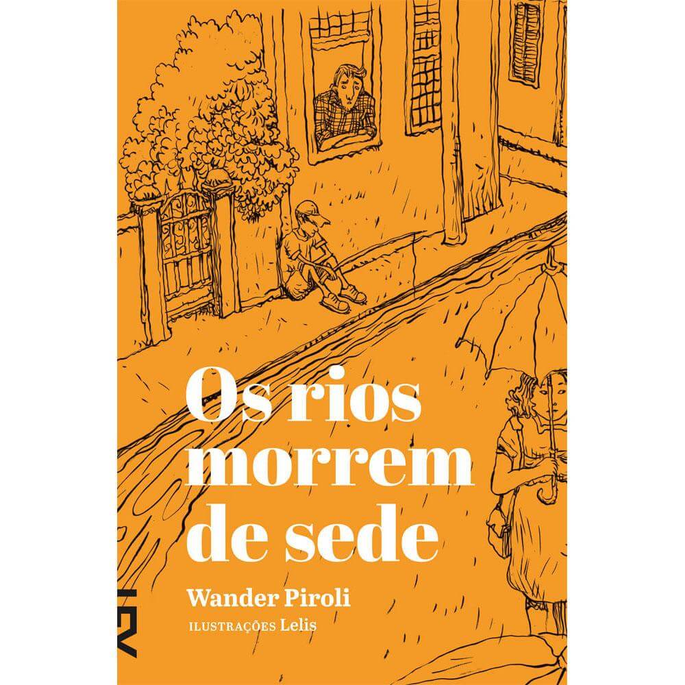 Capa do livro "Os rios morrem de sede", de Wander Piroli - só o traçado de uma rua com seus personagens impresso na capa alaranjada