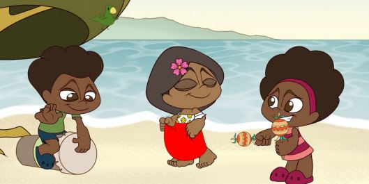 Ilustração com três crianças negras, uma tocando chocalho, outra surdo, e outra criança dançando na areia da praia