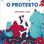 Capa do livro "O protesto", de Eduarda Lima. Alguns animais aparecem sentados de costas em tons de azul e vermelho