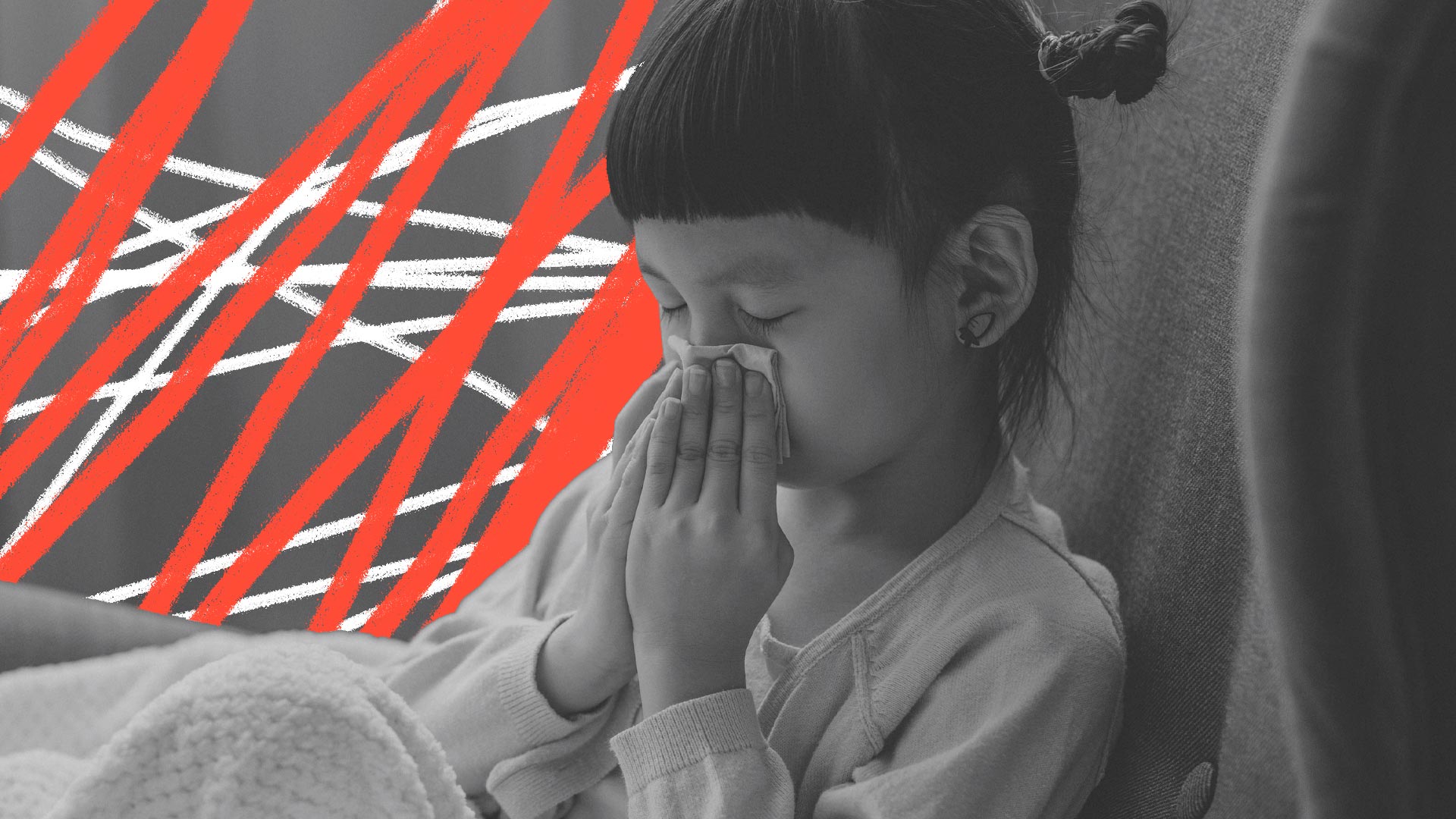 Imunidade das crianças: Foto em preto e branco de uma menina oriental assoando o nariz