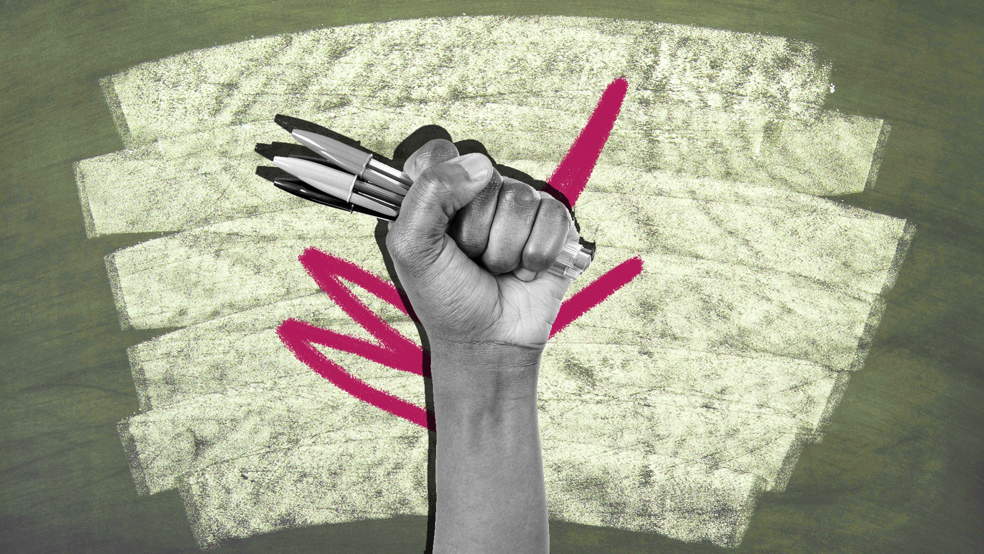 Ilustração de um punho com a mão fechada em preto e branco, segurando três canetas