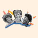 Ilustração em preto e branco de três mulheres negras com lenço no cabelo sorrindo.Na ilustração aparece somente o rosto delas em primeiro plano