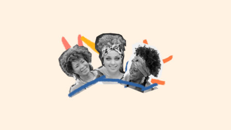 Ilustração em preto e branco de três mulheres negras com lenço no cabelo sorrindo.Na ilustração aparece somente o rosto delas em primeiro plano