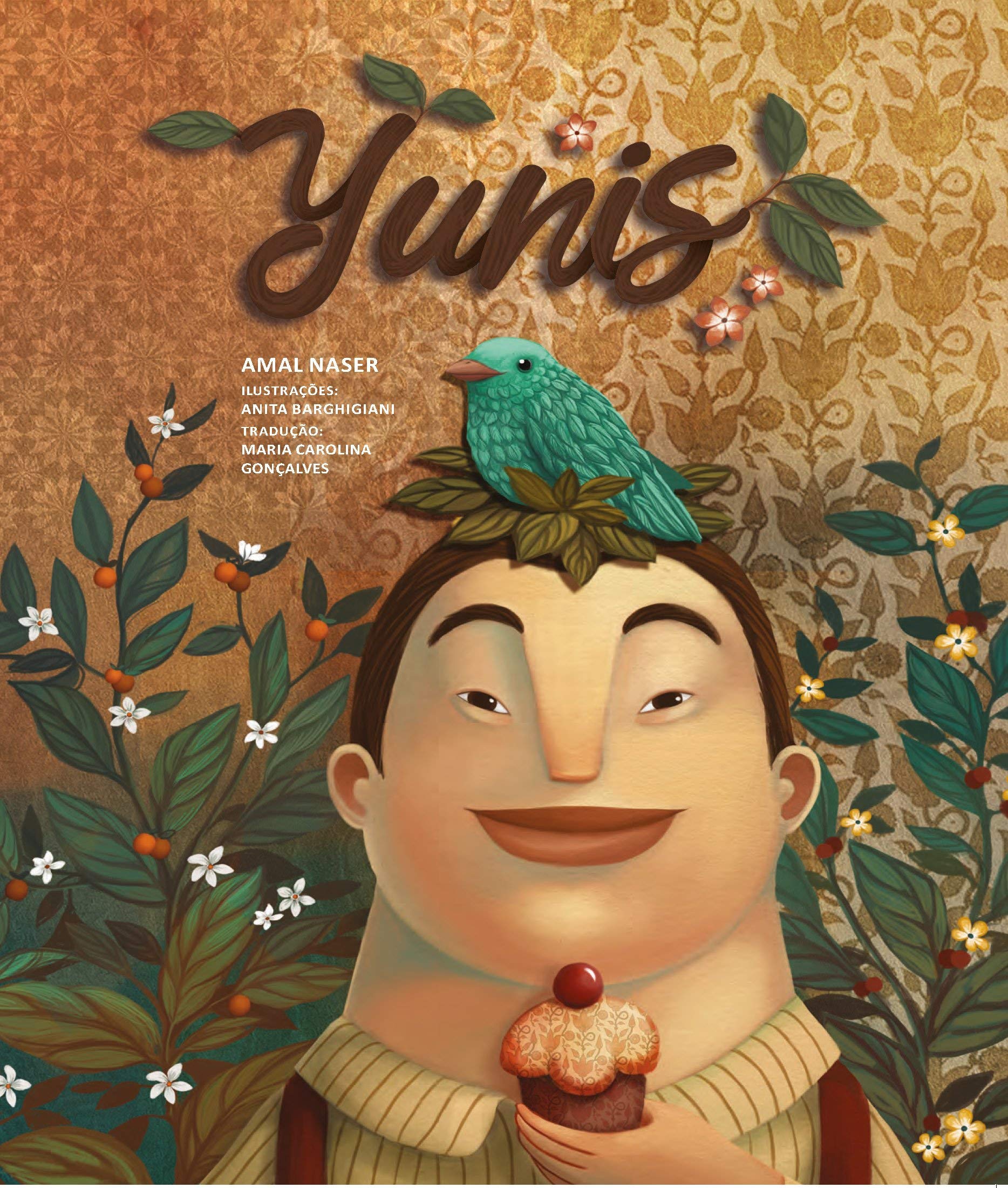 Capa do livro "Yunis", de Amal Naser. A imagem mostra um menino de pele clara com um passarinho azul em sua cabeça.
