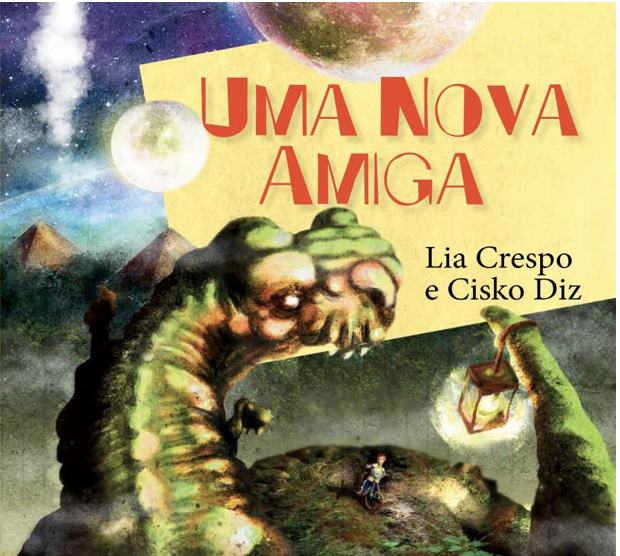 Capa do livro “Uma nova amiga”, de Lia Crespo. A imagem mostra um cenário de montanhas, luas e pedras, com uma criança em uma bicicleta.