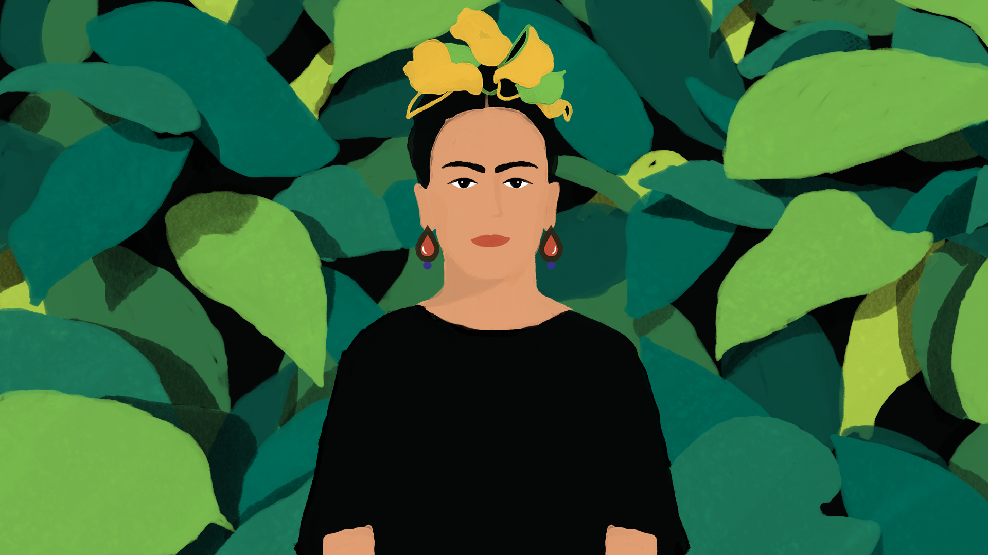 Ilustração colorida de Frida Kahlo, uma mulher com um cocar, está em frente a uma imagem de folhas verdes