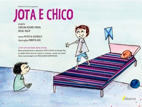 Capa do livro "Jota e Chico", de Carolina Resende Videira, Rafael Maluf e Patricia Auerbach. A imagem mostra dois meninos brincando: um está sentado no chão, enquanto o outro está acima de uma cama com lençol listrado.
