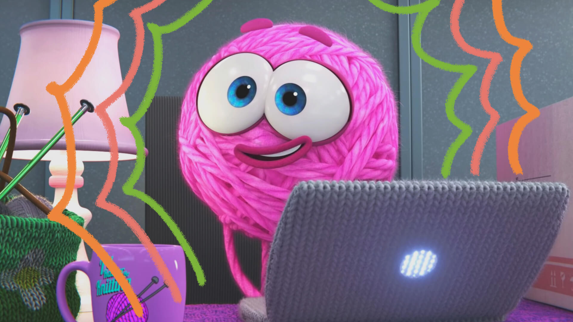 Cena do filme "Purl" em que o novelo cor-de-rosa aparece em frente a um computador