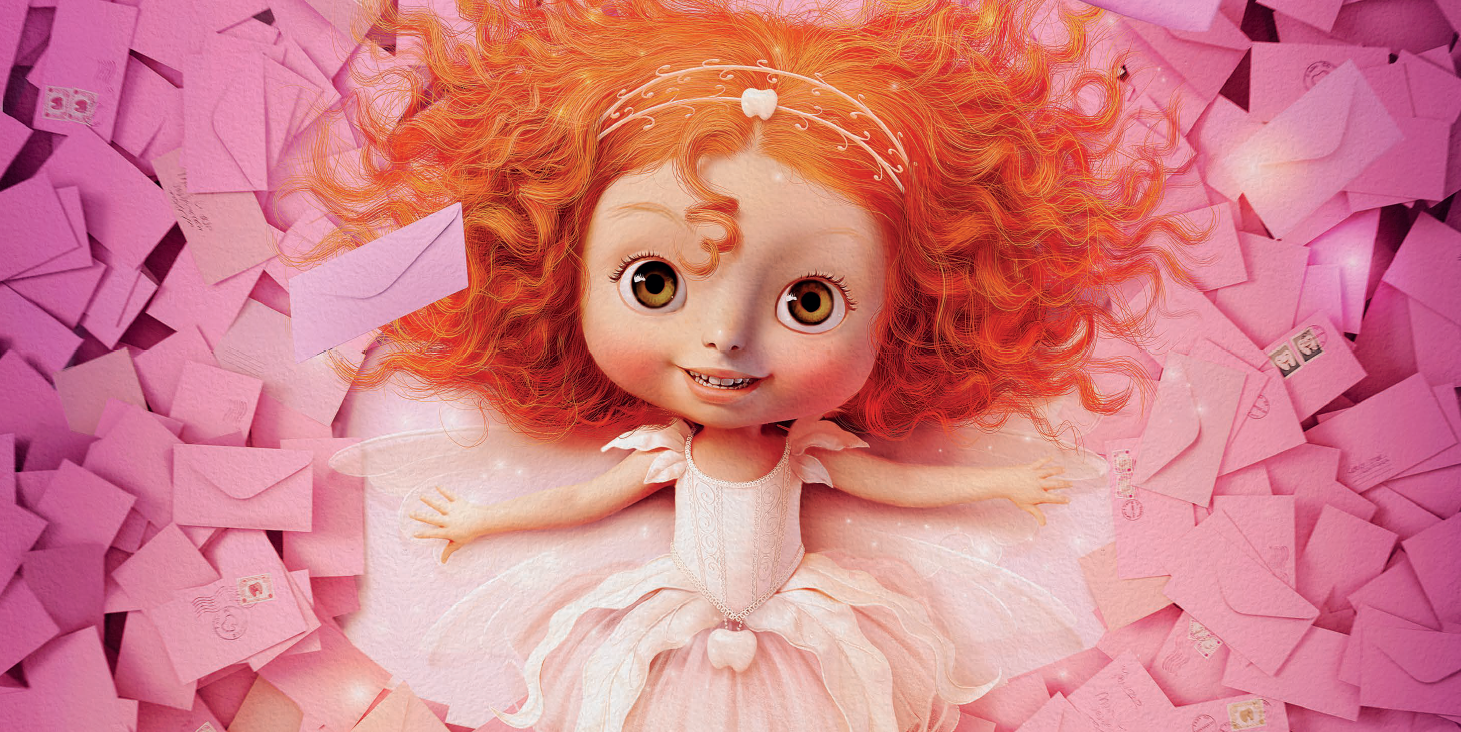 Imagem de uma boneca ruiva com o vestido rosa de uma fada, com os braços abertos sorrindo.