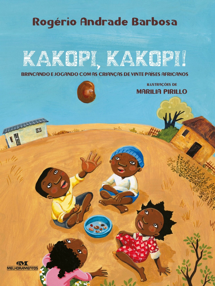 Capa do livro "Kakopi, kakopi! - brincando e jogando com as crianças de 20 países africanos", com a imagem de crianças negras sentadas jogando um feijão para o alto. Todos estão olhando para cima