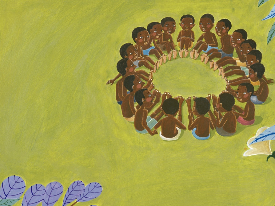 Ilustrações de mais de quinze crianças sentadas no chão em roda brincando de Osani as crianças estão sentadas jogando