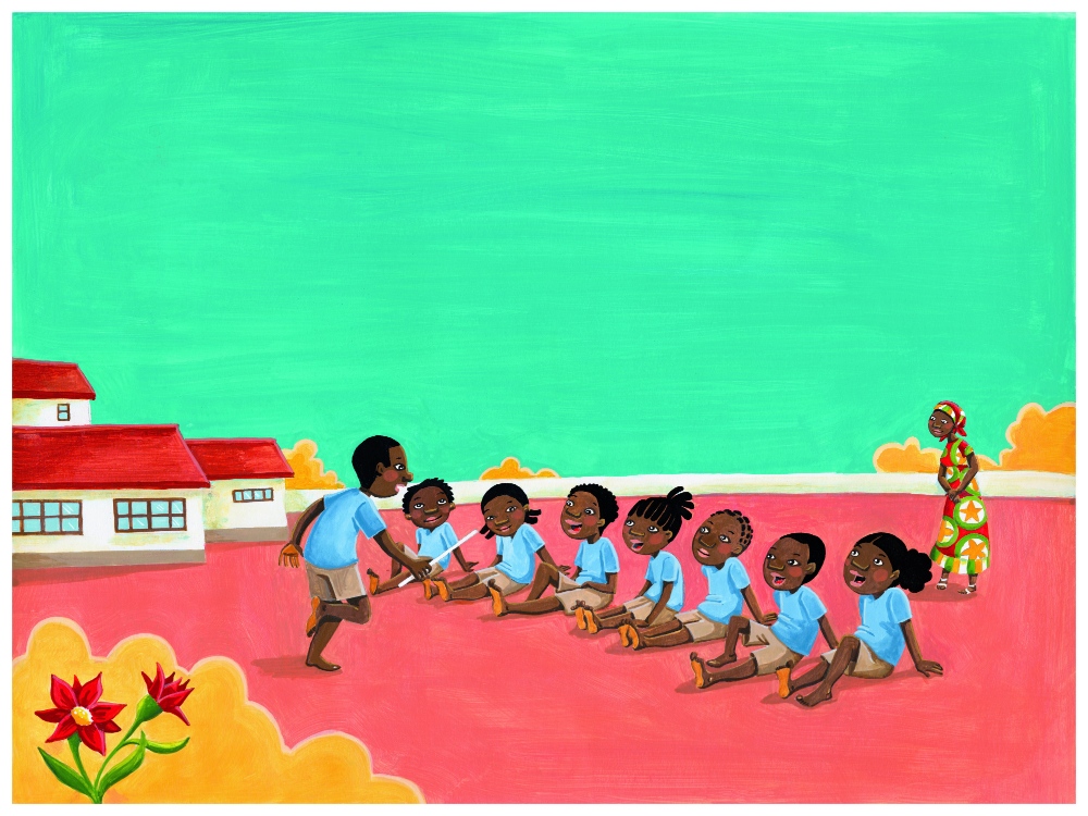 Ilustração de oito crianças brincando. Sete crianças sentadas e uma em pé fazendo a brincadeira as pernas da galinha 
