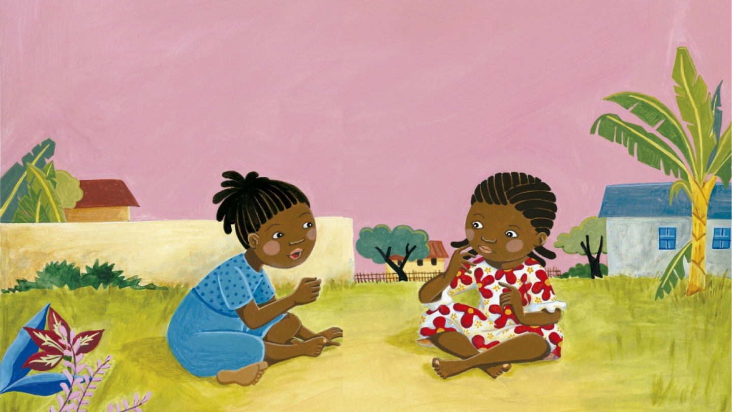 Ilustração de duas meninas negras sentadas na grama. Uma explicando a brincadeira e a outra olhando atenta