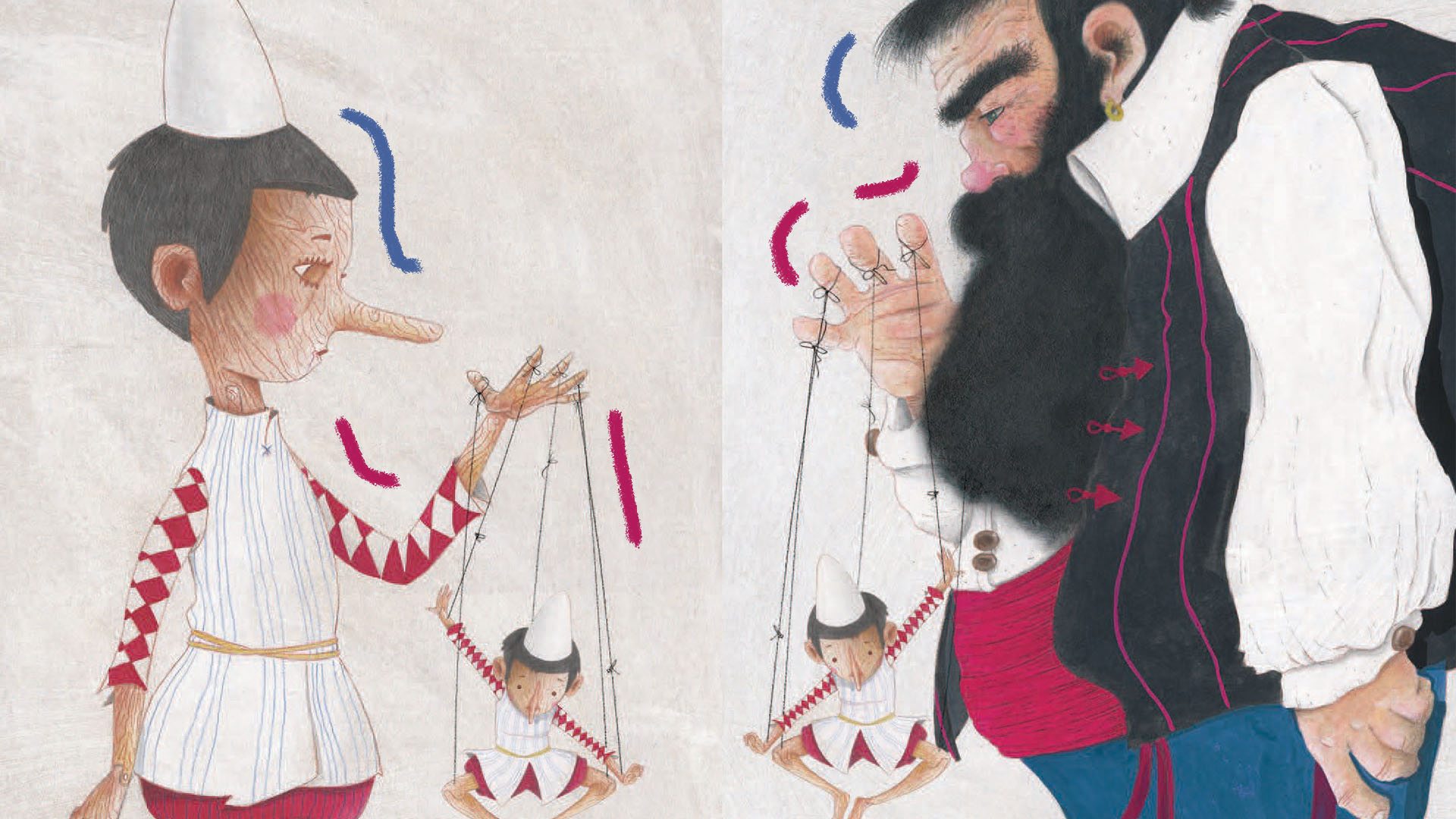 Ilustração de Pinóquio com um homem cujos dois estão com boneco de madeira em mãos