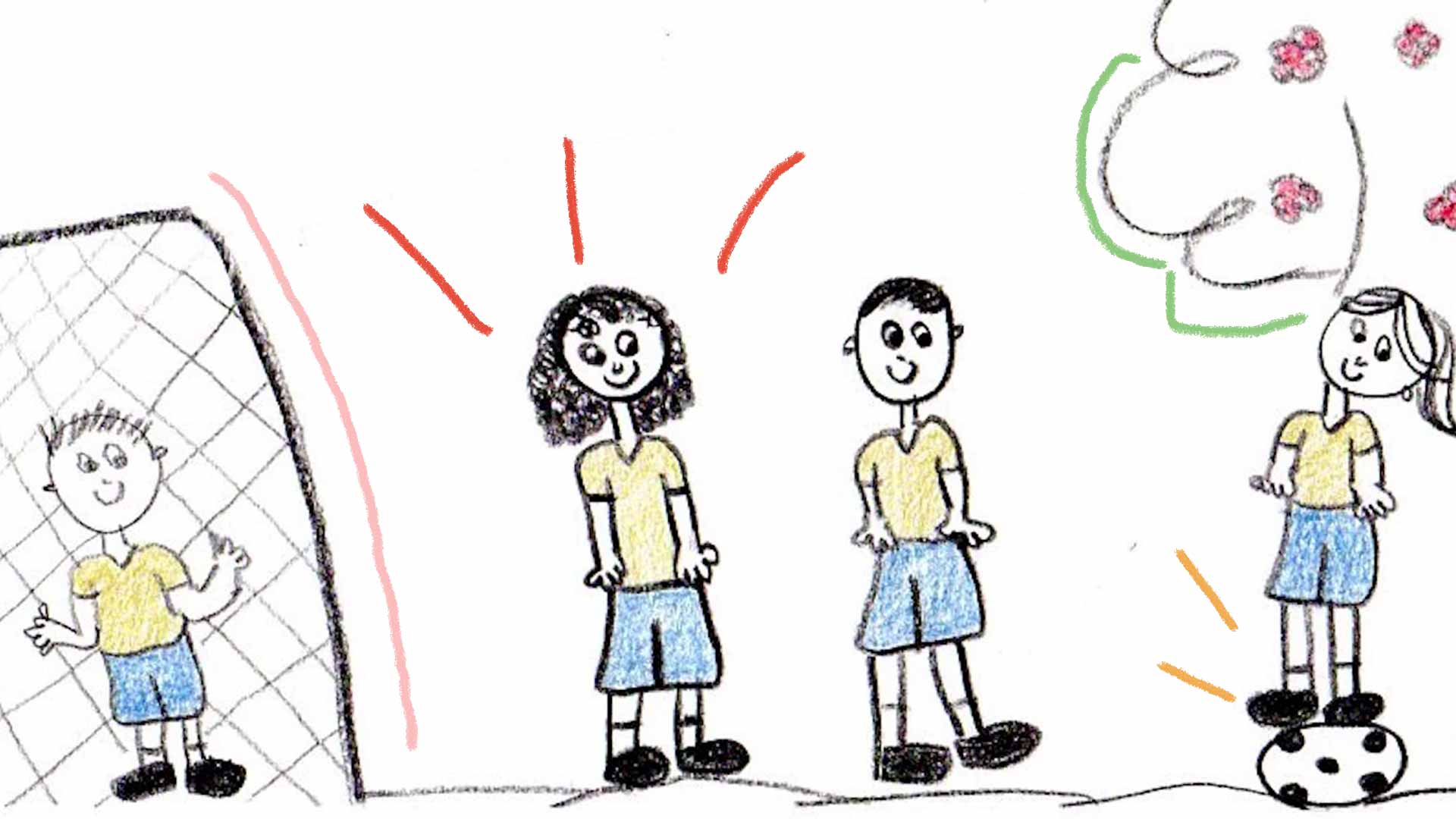 Ilustração da quadra da escola com meninos e meninas uniformizados