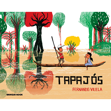 Capa do Livro "Tapajós", de Fernando Vilela (Brinque-Book), imagem de crianças dentro de um barco no rio