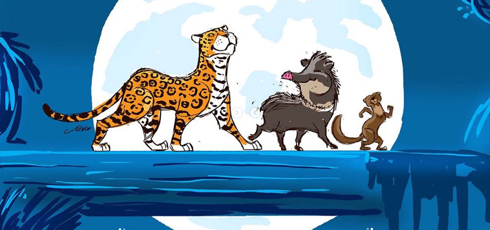 Ilustração do filme “O Rei Leão”- Mostra animais, O Hakuna Matata, Timão e Pumba dançando.