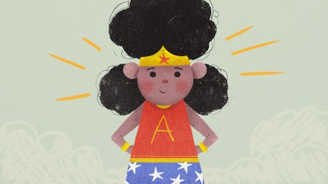 Ilustração de uma menina negra vestida de mulher maravilha. Ágatha uma menina de oito anos de idade morta por um tiro de fuzil que atingiu suas costas.