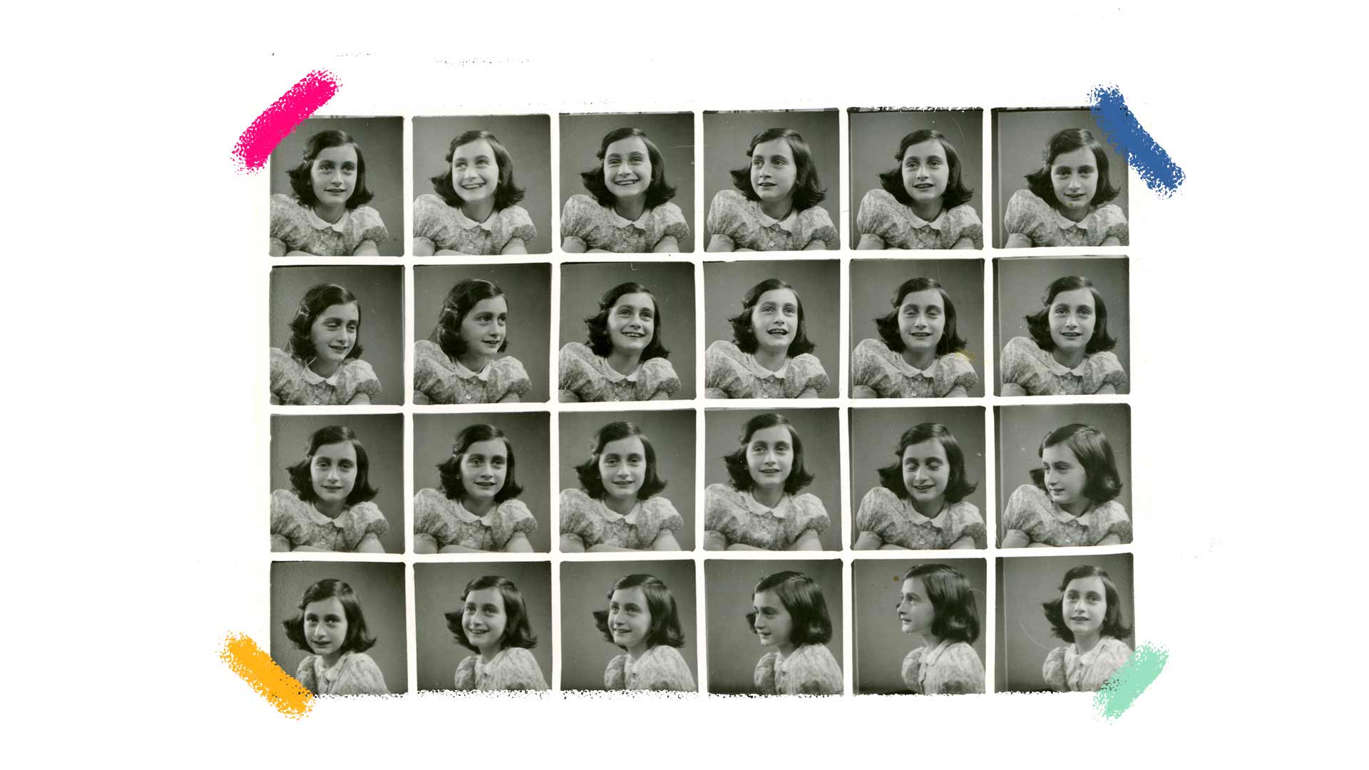 Imagem em preto e branco replicada dezenas de vezes lado a lado. Aparece a menina Anne sorridente. Ela usa cabelo chanel, usa uma camiseta de golas arredondadas.