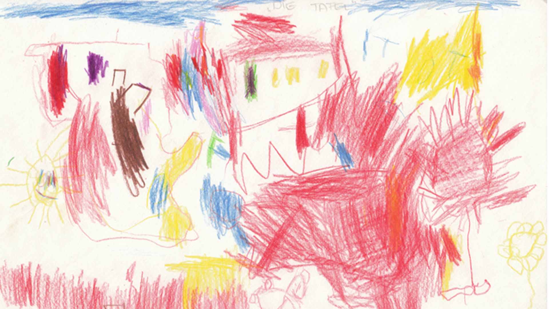 Ilustração de uma pintura feita por uma criança, com várias cores. Arte e escrita:pensar,interagir e expressar-se aos seis anos