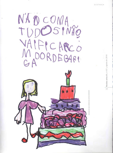 Ilustração de uma criança ao lado de um bolo. Não como tudo se não vai ficar com dor de barriga