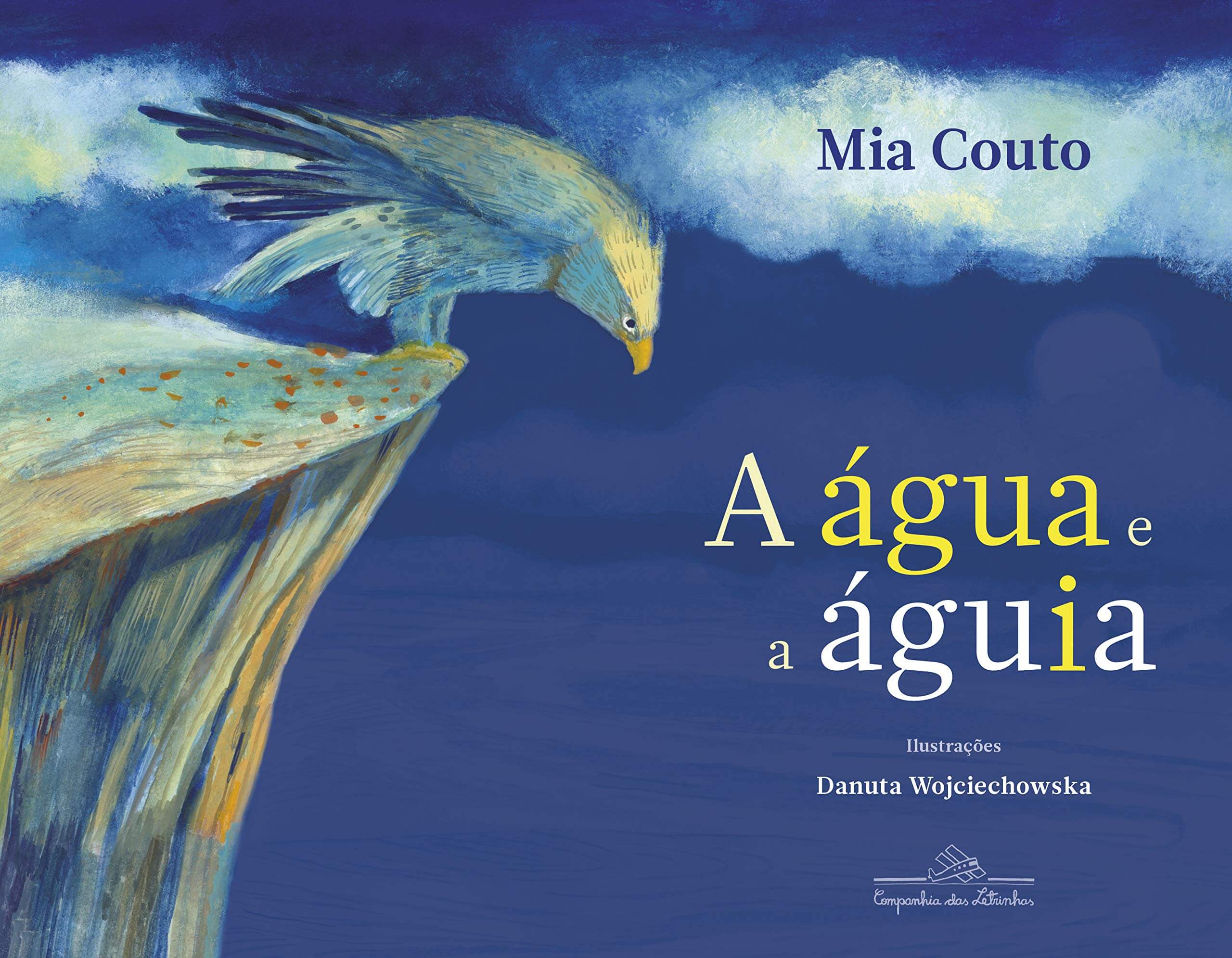 Capa do livro ”A água e a águia” de Mia Couto, imagem de uma águia em cima de pedra